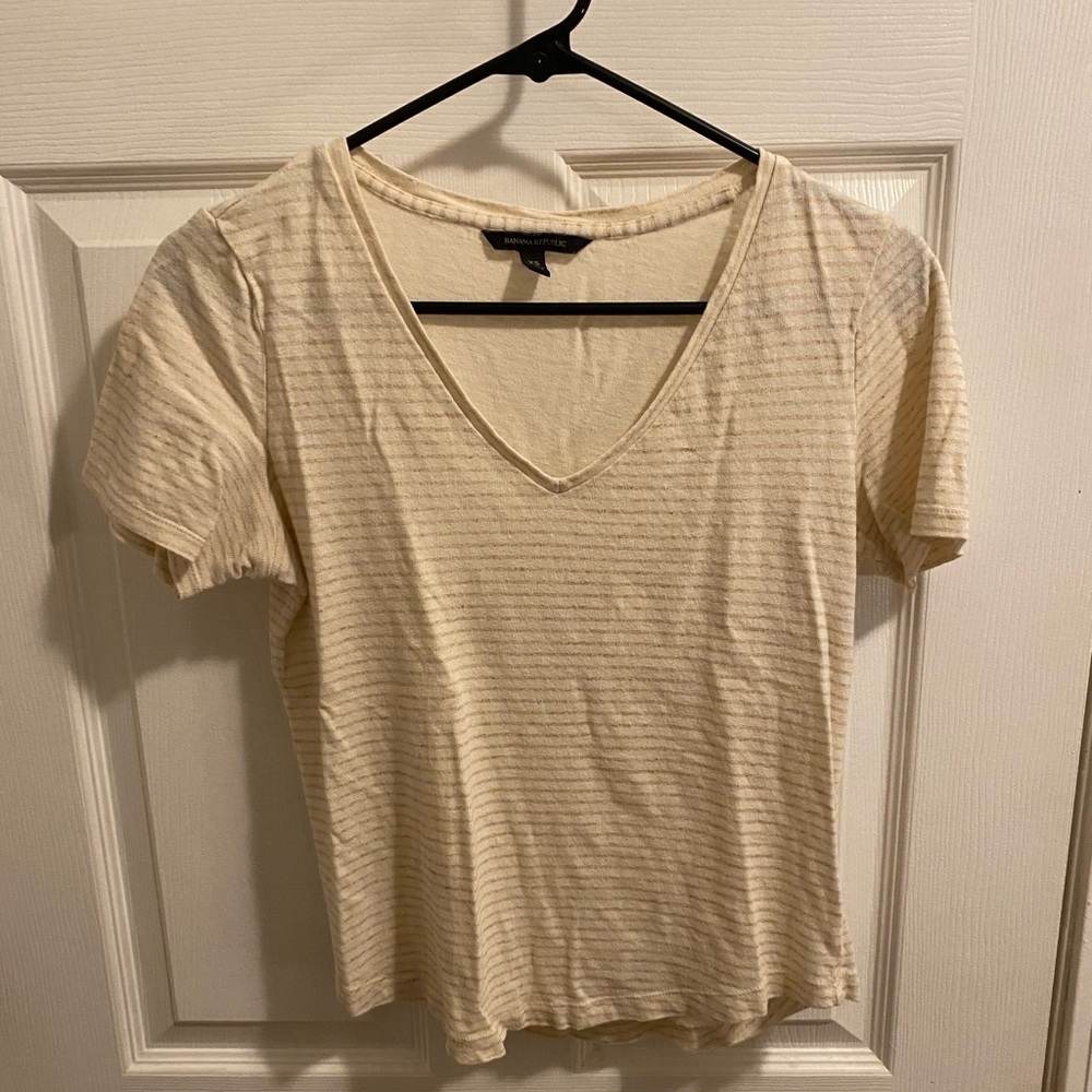 Cream and gold striped v neck t-shirt